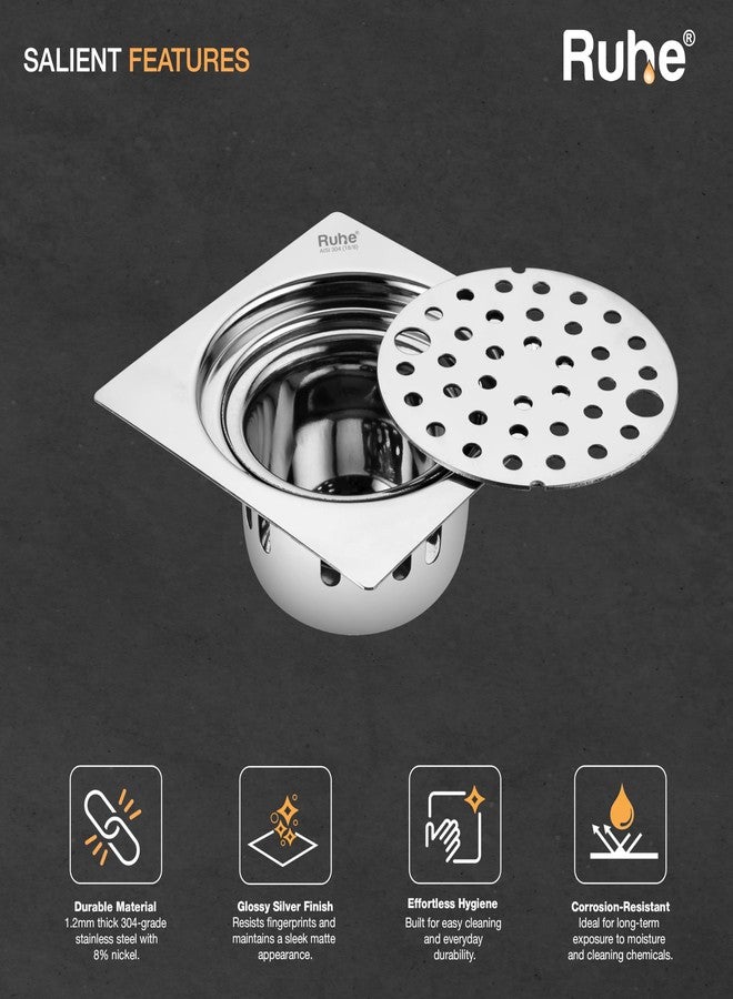 روهي مصرف أرضي Ruhe® Air ذو القطع المسطح المربع | شبكة تصريف من الفولاذ المقاوم للصدأ عيار 304 | 5 × 5 بوصات | مصرف أرضي مزود بمصيدة/شبكة للصراصير وقفل - Image 3